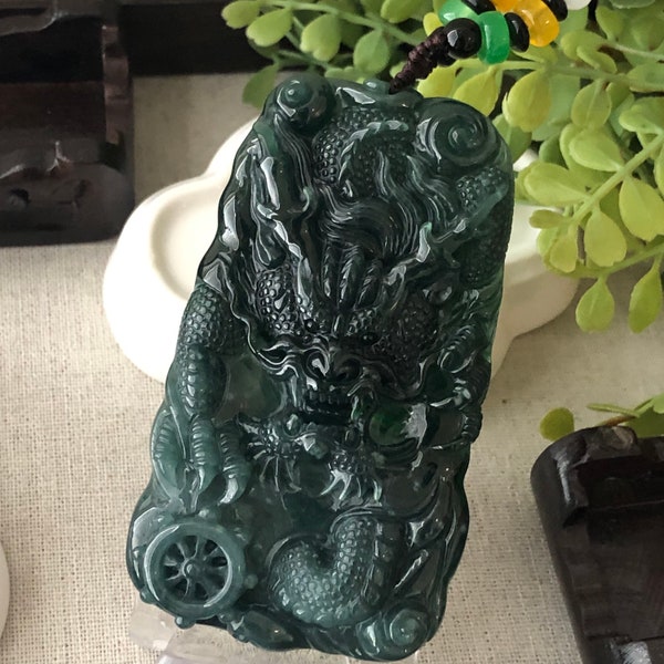 83mm Jadeite Jade Icy Blue Water Green Carved Dragon Pendant