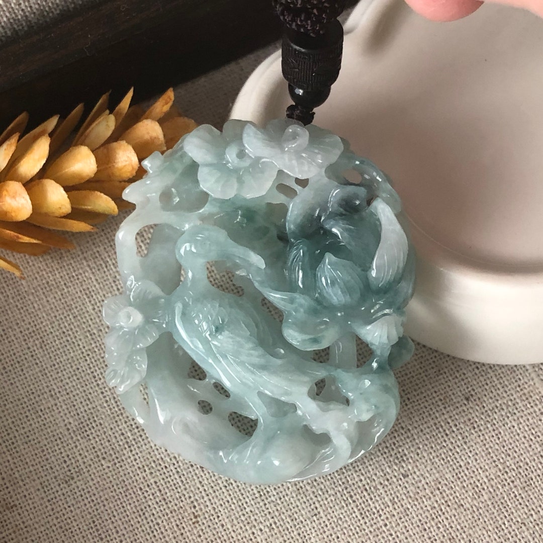 54mm Jadeite Jade Green 3D Carved Bird of Paradise Flowers