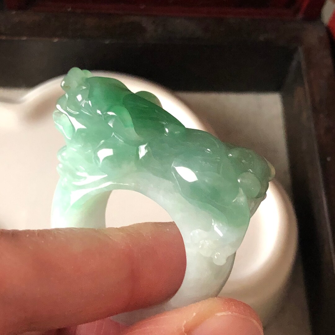 Sale. 36.4mm Grade A Icy Glutinous Jadeite Jade Green Pixiu Ring Band ...