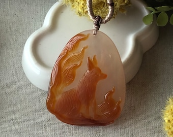 60 mm High Quality Agate Carved Red Orange Nine Foxtail Kitsune Pendant