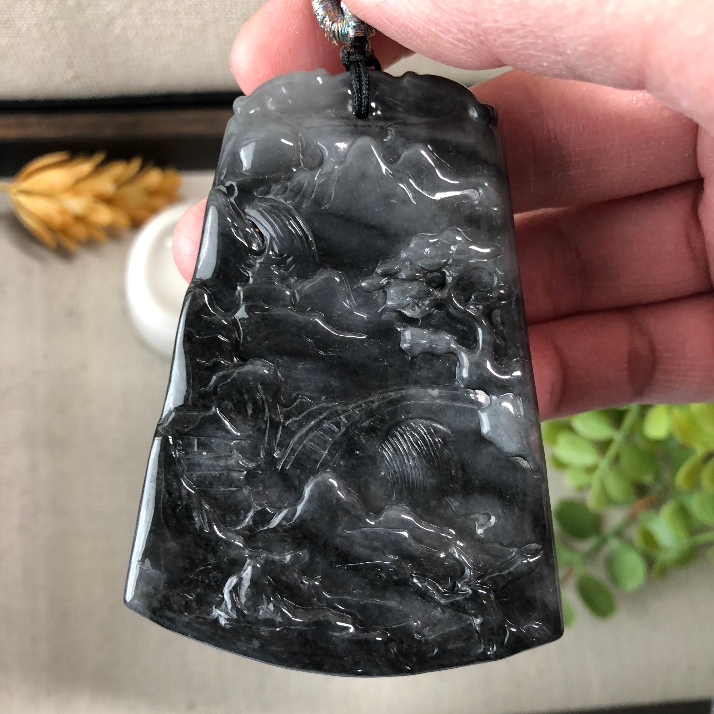 71.4 Mm Jadeite Jade Wuji Black Carved Mountain Landscape Pendant