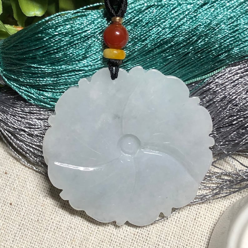 42.1 mm Certified Myanmar Grade A Icy Glutinous Carved Flower Pendant Medallion