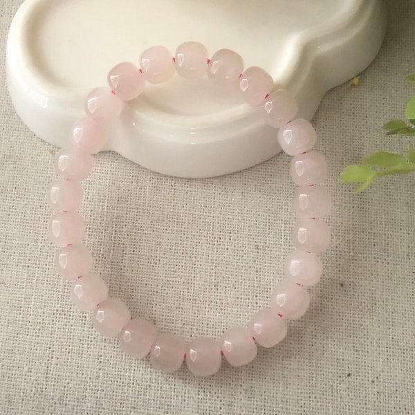 8 mm Pink Hetian Jade Long Bead Bracelet Glossy