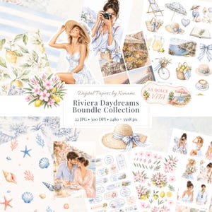 Może przedstawiać: Pakiet papieru cyfrowego zatytułowany "Riviera Daydreams" z akwarelowymi ilustracjami. Kolekcja zawiera obrazy kobiet, cytryn, kwiatów, kapeluszy i scen nadmorskich. Obecny jest również tekst "LA DOLCE VITA".