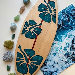 Wooden Hawaiian Surfboard Charcuterie Board | Epoxy Inlay Flowers Hang | Ten Surf's Up Entertain Food Safe Cheese and Veggie Serving Platter