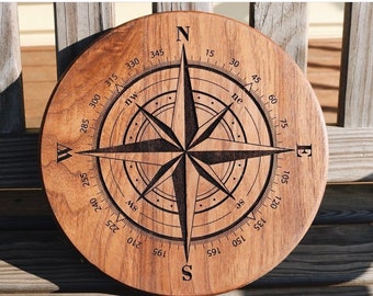 Compass Rose Wood Lazy Susan | Engraved Turntable Centerpiece - Etsy