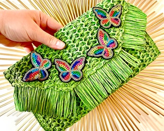 Green Fringe Straw Clutch