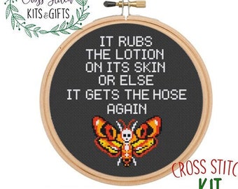 Silence Of The Lambs Cross Stitch Kit.  It Rubs The Lotion On Its Skin Hannibal, Horror Deaths Head Moth, Hawk Moth, Odd