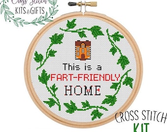 This is a FART- FRIENDLY HOME Cross Stitch Kit. Funny Rude Starter Cross Stitch Kit. Modern Sarcastic Subversive Stitch Kit.