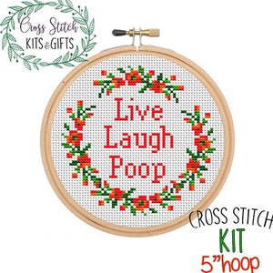 Subversive Cross Stitch Kit. Adult Starter Cross Stitch Kit For Beginners. Live Laugh Poop. Poop Cross Stitch Kit. Flower Wreath Kit.