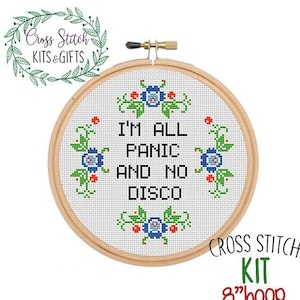 I'm All Panic And No Disco. Starter Cross Stitch For Beginners. Funny Adult Cross Stitch Kit.  Flower Wreath Cross Stitch. Subversive.