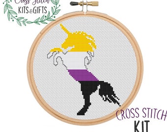 NonBinary Unicorn Cross Stitch Kit. LGBTQ Cross Stitch. LGBTQ Flag Starter Cross Stitch Kit. Gay. Lesbian. Queer. Rainbow Flag. Craft Kit.