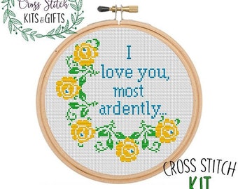 I Love You Most Ardently. Darcy Quote. Funny Cross stitch Pattern. PDF Pattern. Pride and Prejudice Quote. Jane Austen DIY Kit. Embroidery.