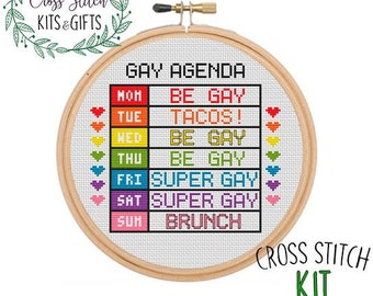Gay Agenda Cross Stitch Kit. Beginner Adult Starter Cross Stitch Kit.  Embroidery. LGBT. Agenda PDF Pattern Funny. Gay Pride Month PDF