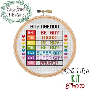 Gay Agenda Cross Stitch Kit. Beginner Adult Starter Cross Stitch Kit.  Embroidery. LGBT. Agenda PDF Pattern Funny. Gay Pride Month PDF