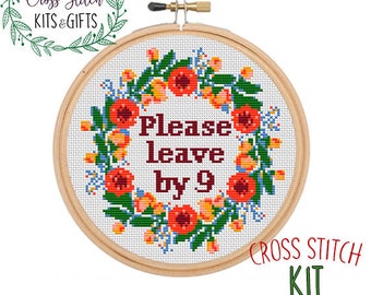 Please Leave By 9. Starter Cross Stitch Kit For Beginners. Subversive, Funny Cross Stitch Kit. Beginner's Cross Stitch Kit. Wreath Kit.