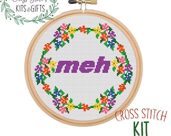 Meh Cross Stitch Beginner Kit. Modern Cross Stitch Starter Kit. Funny Quote Cross Stitch Kit. Meh Starter Cross Stitch Kit. Embroidery Kit.