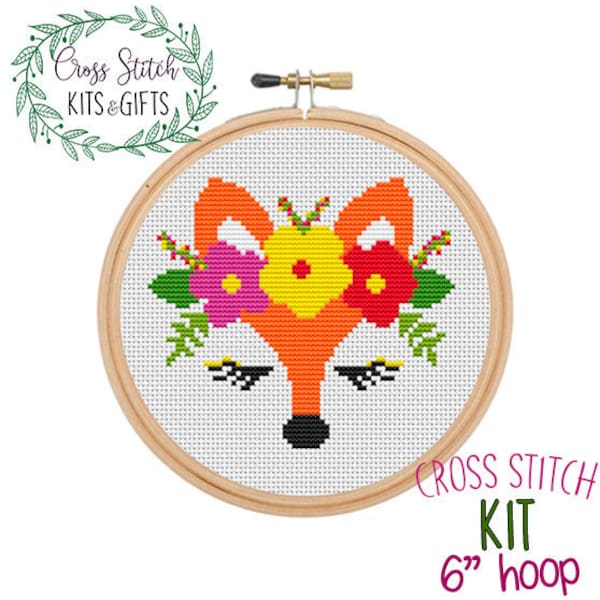 Flower Fox Cross Stitch Beginner Kit. Fox Cross Stitch Kit. Starter Kit For Beginners. Needlework. Easy Cross Stitch Kit.