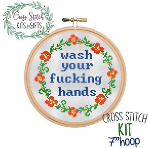 Wash Your Hands Cross Stitch Beginner Kit. Funny Bathroom Easy Pattern. Hands Washing Cross Stitch Starter Kit. Bathroom Decor Starter Kit.