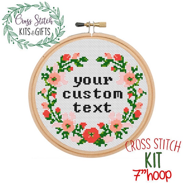 Custom Text Here. Your Custom Words Starter Cross Stitch For Beginners. Your Quote. Your Word. Your Text. Custom Cross Stitch Kit.  Flower.