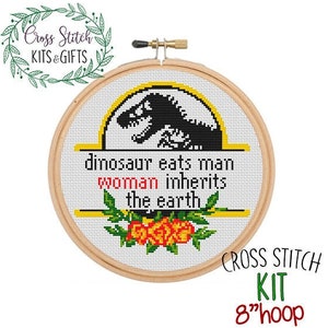 Dinosaur Eats Man Woman Inherits The Earth. DIY Subversive, Funny, Modern Counted Cross Stitch Kit. Funny Jurassic Park Design. Raptor.