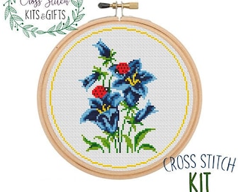Starter Cross Stitch Kit For Beginners. Blue Bells Embroidery. Flowers Cross Stitch Beginner Kit. Cross Stitch Kit. Handmade Gifts.
