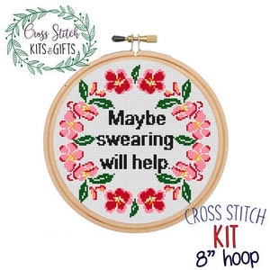 Maybe Swearing Will Help. Starter Cross Stitch Kit For Beginners. Cross Stitch Kit. Beginner's Cross Stitch Chart. Wreath Cross Stitch Chart