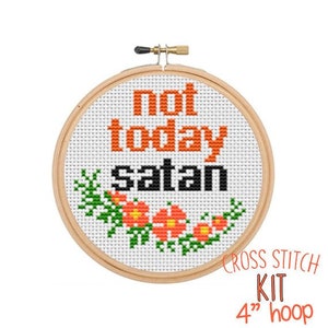 Niet vandaag Satan Cross Stitch Beginner Kit.  Kruissteek Starter Kit. Eenvoudige kruissteek kit. Naaivak. Geschenk. Startpakket. Borduurgrafiek