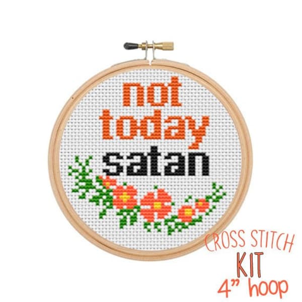 Not Today Satan Cross Stitch Beginner Kit.  Cross Stitch Starter Kit. Easy Cross Stitch Kit. Needlework. Gift. Starter Kit. Embroidery Chart