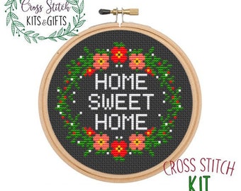 Home Sweet Home Cross Stitch Beginner Kit. Starter Kit For Beginners.  Wreath Cross Stitch Starter Kit For Beginners. Flowers Cross Stitch.