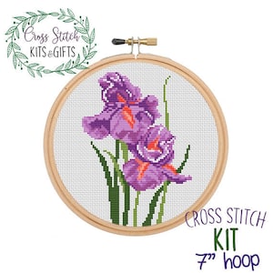 DIY Starter Cross Stitch Kit. Gift For Her. Mother's Day. Iris Cross Stitch Kit. Flowers Cross Stitch Kit.  Craft Kit For Mom. Flowers.