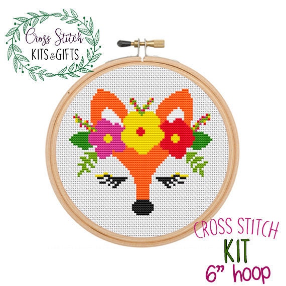 Flower Fox Cross Stitch Beginner Kit. Fox Cross Stitch Kit. Starter Kit for  Beginners. Needlework. Easy Cross Stitch Kit. 