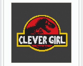 Clever Girl Counted Cross Stitch Pattern. Godzilla Modern Cross Stitch Pattern. Velociraptor Dinosaur Jurassic Park Design Cross Stitch.