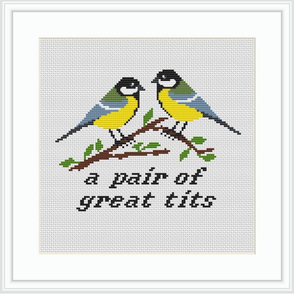 A pair of great tits Cross Stitch Pattern. Modern Cross Stitch Pattern. Birds Counted Cross Stitch Pattern. Funny Subversive Cross Stitch.