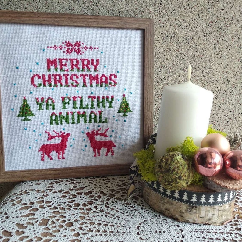 Merry Christmas Ya Filthy Animal. Completed Cross Stitch. | Etsy