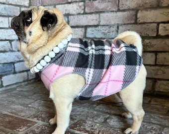Pugdashian's 'Pink Black Tartan' Cozy Fleece Pullover - Pink, Black, White - One Piece