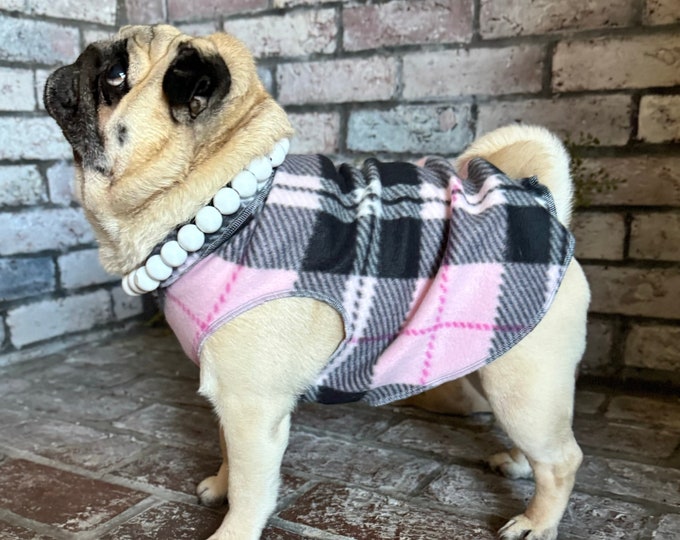 Pugdashian's 'Pink Black Tartan' Cozy Fleece Pullover - Pink, Black, White - One Piece