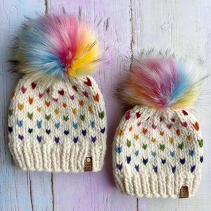 Fairy Unicorn knitted winter hat with detachable rainbow faux fur Pom Pom.