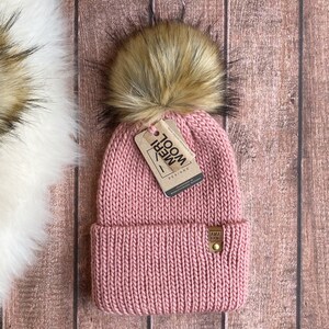 Adult Dusty Pink Superwashed Merino wool winter hat with detachable faux fur Pom Pom
