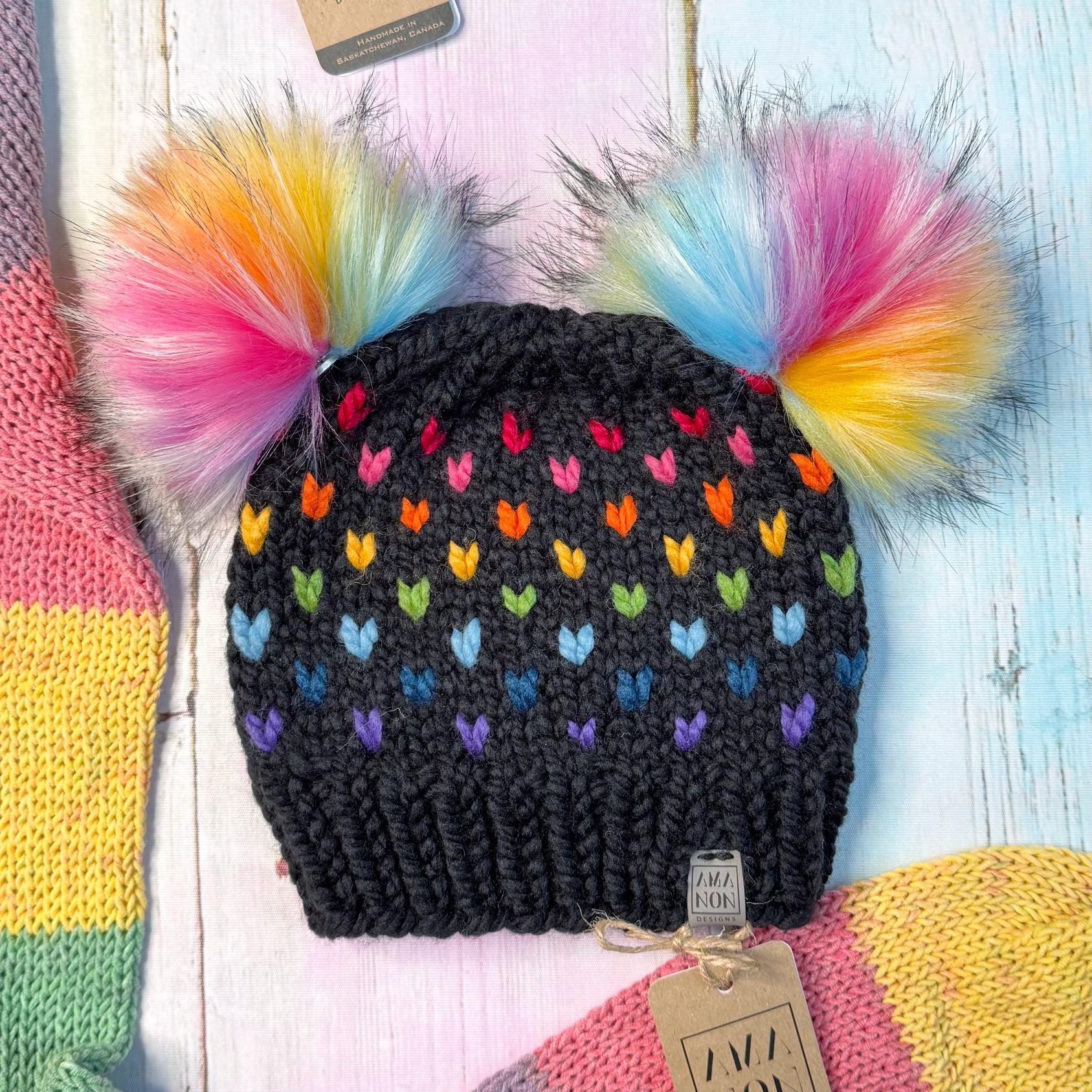 Black Fairy Unicorn Toque With Double Rainbow Pom Pom - Etsy display picture 2
