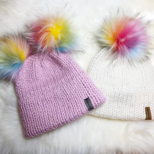 Chromatic toque. Unicorn knitted hat with detachable rainbow Pom Pom, cream or pink.