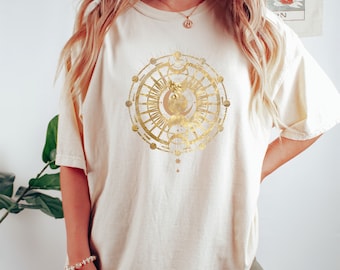 Camiseta Celestial Sun Moon Graphic T Shirt Moon Phase Astrología, Astronomía, Boho, Oversized, Vintage Garment-Dyed T-shirt