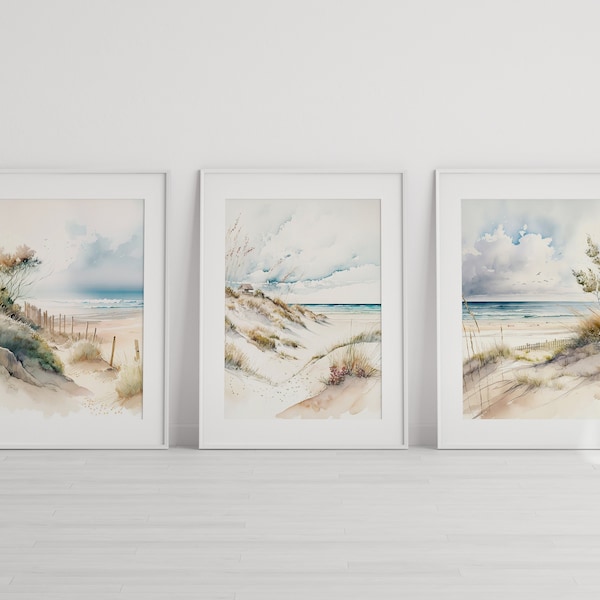 Beach Print Set of 3 - Pastel Coastal Art - North West England Seaside - Crosby Formby Southport Sand Dunes