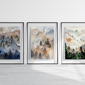 Set di stampe ad acquerello foresta di 3 / Natura Paesaggio Arte murale / Arte astratta dell'albero / Montagne Poster