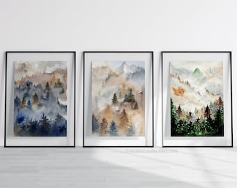 Watercolor Forest Print Set of 3 | Nature Landscape Wall Art | Abstract Tree Art | Mountains Poster