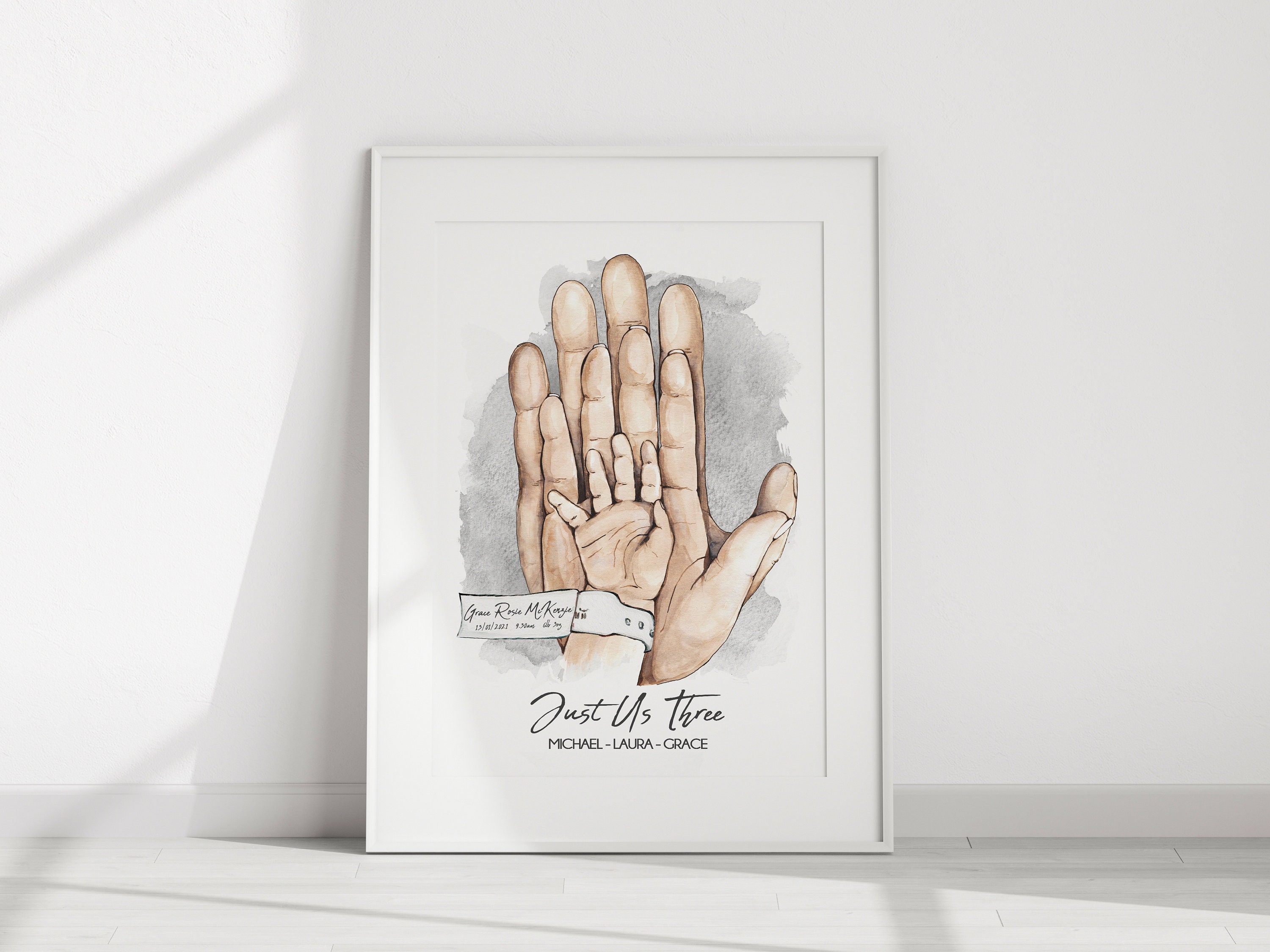 Empreinte de main de famille Famille de 3 personnes Holding Hands Wall Art  Impression personnalisée Cadeau des nouveaux parents -  France