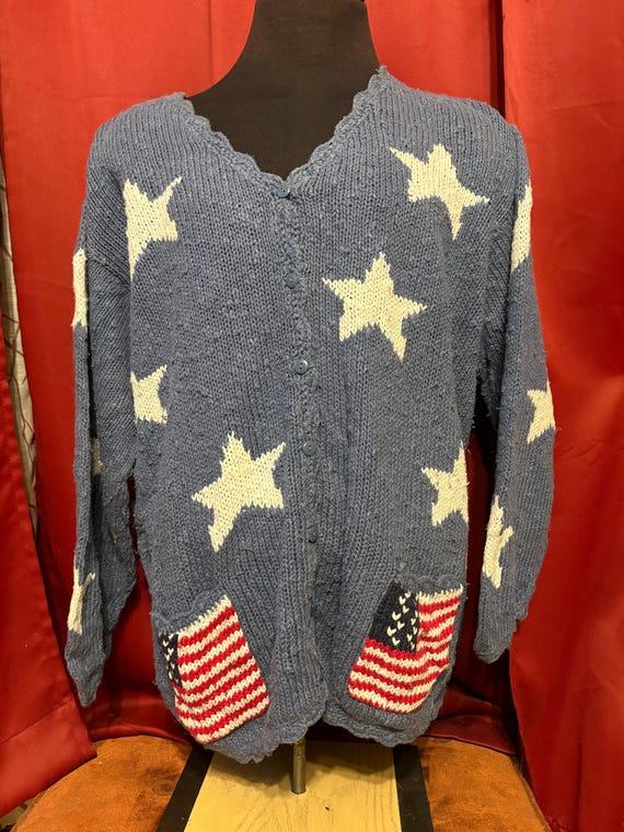 Vintage USA Flag Star Spangled Cardigan Sweater 90’s Handknit Taylor Swift Style