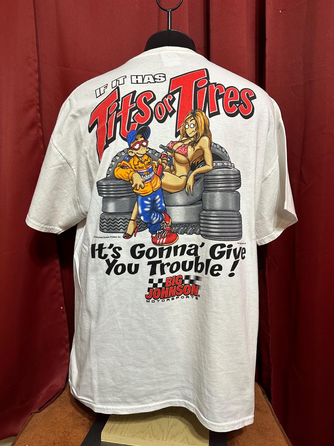 Vintage Big Johnson Shirt 90s Tits or Tires Trouble Wrencher Car