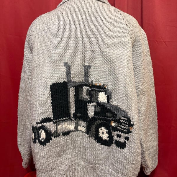 Vintage Cowichan-sweater met semi-vrachtwagen, jaren 90 Trucker Knit Wear Big Rig Convoy