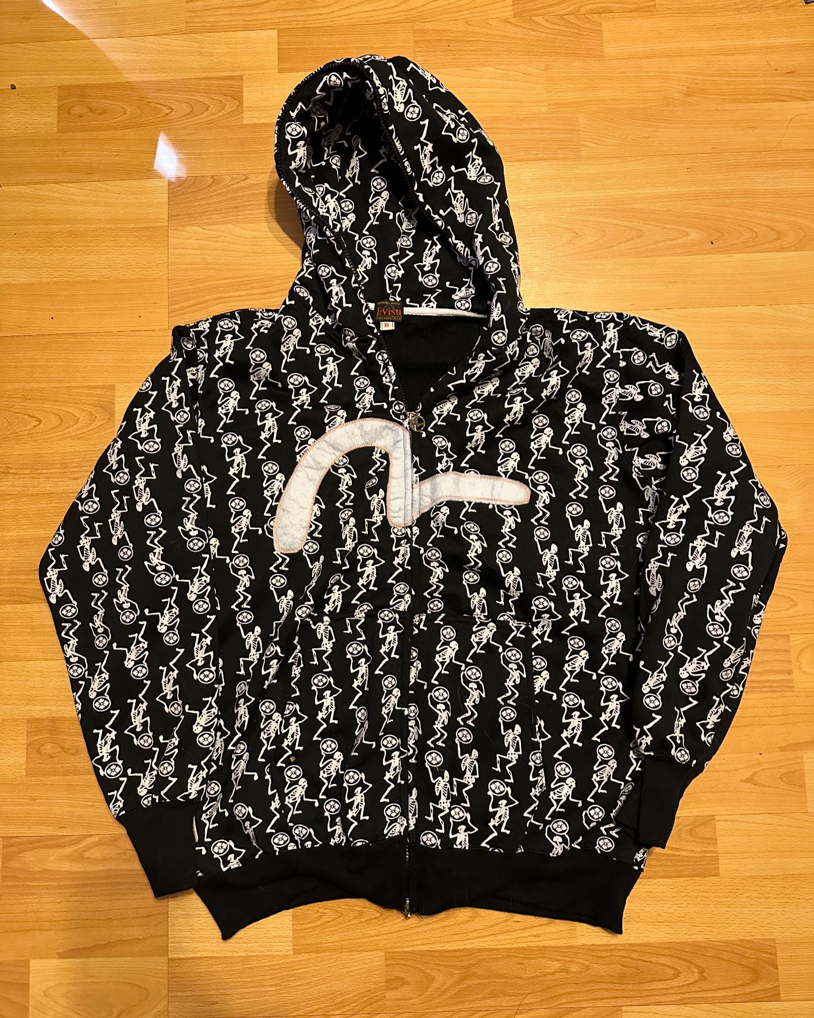 m.u japoness 凸凹リバーシブルスウェット （White×Black） Evisu Hoodie Dancing Skeleton All Over Print Double Zipper Seagull